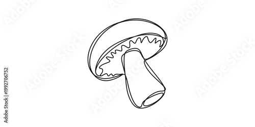 A minimalist and elegant continuous line drawing of a single organic mushroom cap and its sturdy stem isolated on a plain white background, capturing the simple essence of a woodland forest treasure. 
