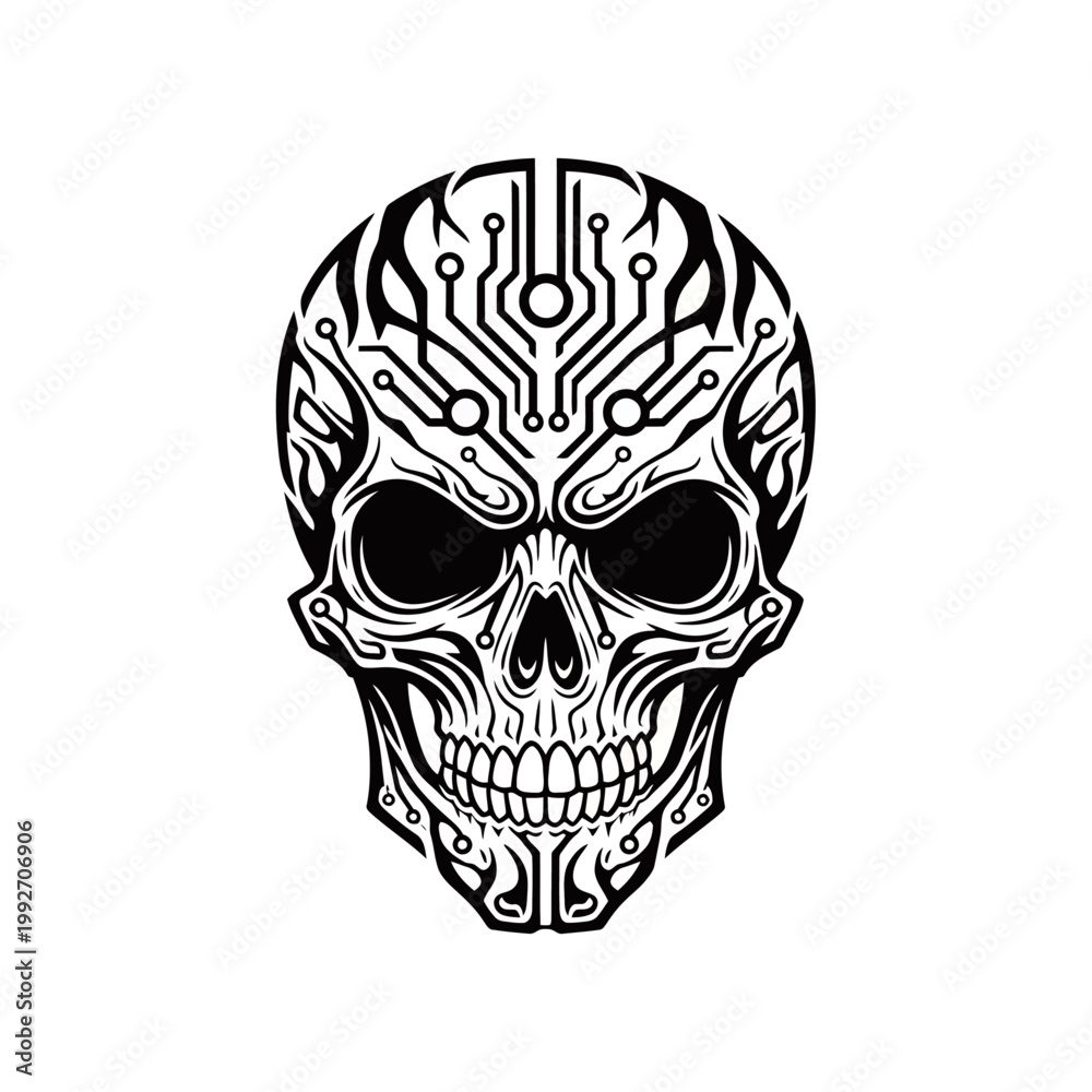 Fototapeta premium Stylized black and white human skull featuring intricate circuit board patterns and tribal elements, merging organic and technological aesthetics.