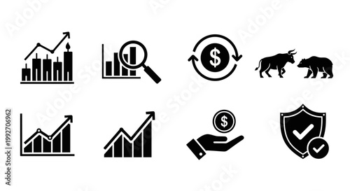 Finance Icons: Stock Market Growth, Investment, Bull vs Bear, Security