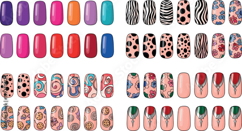 Nail art collection with colorful designs, patterns and manicure styles, beauty cosmetic vector illustration set for salon and fashion
