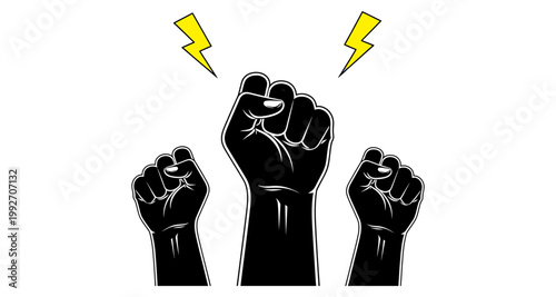 Three raised clenched fists with lightning bolts during protest movement