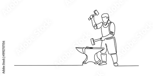 A single continuous line drawing of a blacksmith standing at an anvil holding a heavy metal hammer and striking a hot piece of steel on the anvil surface to create a handmade metal tool with skill. Ve