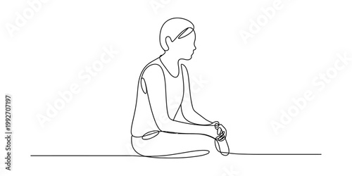Minimalist continuous line art illustration featuring a person sitting in a quiet and contemplative pose, showcasing elegant curves and simple strokes that capture the essence of human form and postur