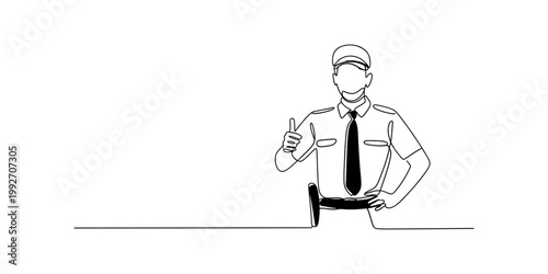 A single continuous line drawing of a police officer wearing a uniform and a hat giving a thumbs up gesture to show approval and positive reinforcement in a simple minimalist black and white style des