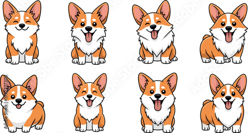 Corgi dog characters collection with cute puppy poses and expressions, kawaii pet mascots vector illustration set for animal design