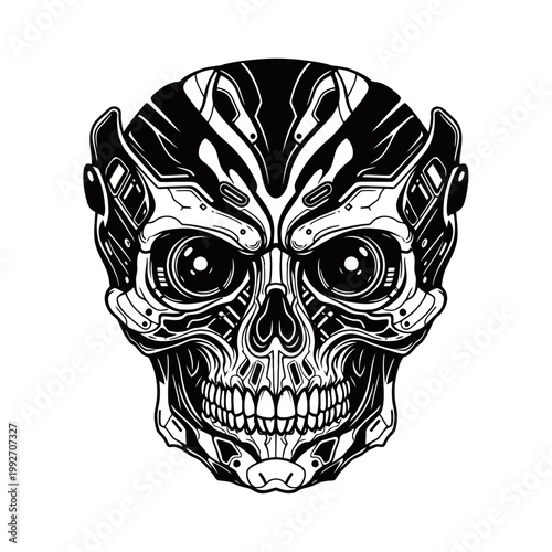 Intricate black and white illustration of a futuristic cyborg skull with detailed mechanical components and large, expressive eyes.