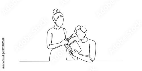 A single continuous line drawing capturing a minimalist aesthetic of a person holding a pair of scissors while standing next to another individual who is focused on reading a book in this art piece. V