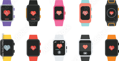 Set of Smartwatches with Heart Rate Monitoring Display for Health, Fitness, and Wearable Technology Illustrations in Digital Media and Mobile Health Applications