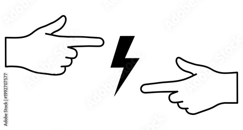 Two hands pointing towards a lightning bolt graphic against a white background