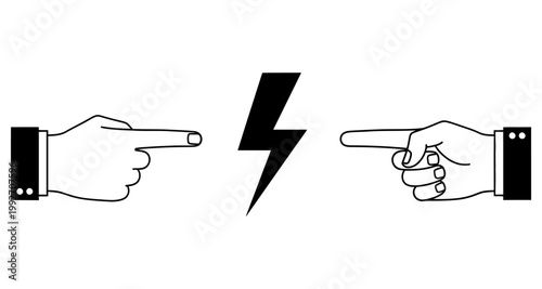 Two hands pointing fingers at a lightning bolt symbolizing conflict and disagreement