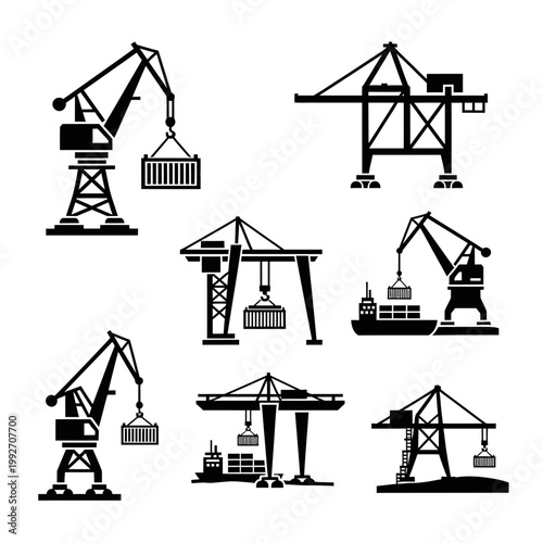 Industrial Harbor Cranes Lifting Shipping Containers - Vector Icons Set