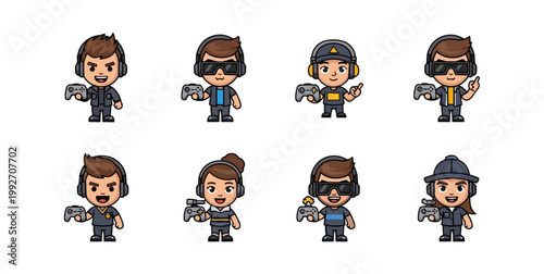 Cartoon characters holding game controllers in various poses