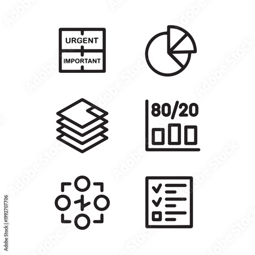 Business productivity icons set, time management and efficiency vector elements, urgent important matrix and Pareto principle 80/20 rule symbols