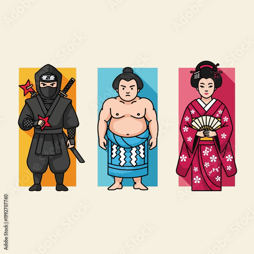 Japanese cultural icons: Ninja, Sumo wrestler, and Geisha in flat design style