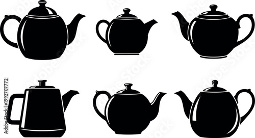 Teapot silhouettes set with different kettle styles, tea service and kitchenware vector illustration collection for cafe and home design