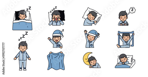 Cartoon illustrations of a person in various sleeping poses