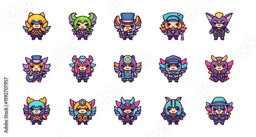 Collection of stylized figures in various costumes on dark backdrop
