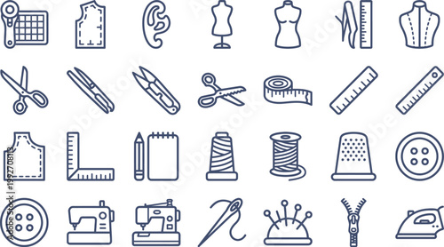 A comprehensive collection of outline icons representing various essential sewing, tailoring, and fashion design tools.