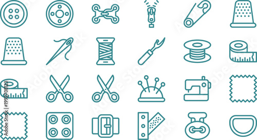 Collection of sewing and craft icons including buttons, needles, scissors, and sewing machine.