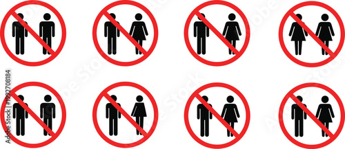 Set of Prohibited Gender Icons with No Entry Signs for Gender-Specific Restrictions, Gender Segregation, and Social Policies in Websites, Apps, and Digital Media Designs