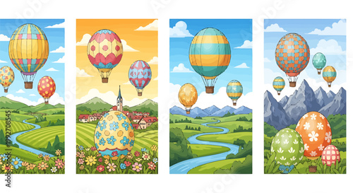 Easter egg hot air balloons float over scenic spring landscapes with rolling hills rivers and villages celebrating