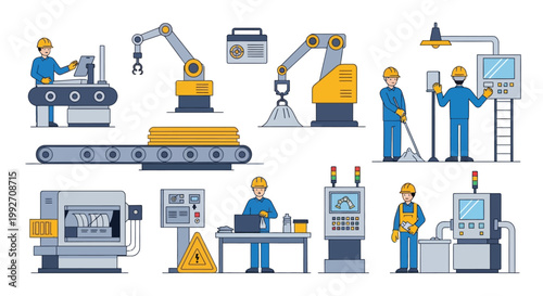 Illustrated safety awareness poster highlighting World Day for Safety and Health at Work, showcasing workers in helmets and PPE operating various machinery on a factory floor, set