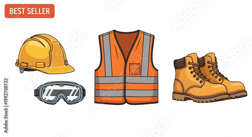 Illustrative depiction of workplace safety, showcasing personal protective equipment (PPE) such as a hard hat, safety goggles, a high-visibility vest, and work boots, promoting World Day