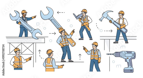 On World Day for Safety and Health at Work, a bright illustrative poster shows diverse construction workers in PPE using oversized tools against a white background, highlighting workplace