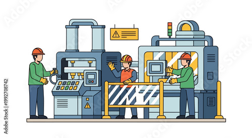 Illustrated poster emphasizing World Day for Safety and Health at Work, depicting workers in helmets and PPE operating machinery within a factory setting, promoting workplace safety