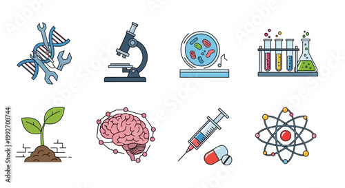 Science Icons: DNA, Microscope, Bacteria, Test Tubes, Plant, Brain, Syringe, Atom