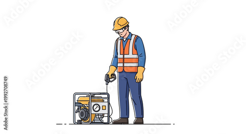 Illustrated worker wearing full personal protective equipment and a safety helmet checks machinery as part of a workplace safety initiative, promoting World Day for Safety and Health