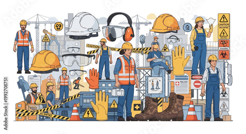Illustrated poster promoting World Day for Safety and Health at Work, showing workers wearing personal protective equipment like helmets and vests alongside hazard signs