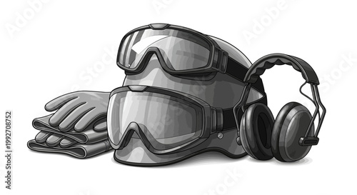 A safety awareness poster for World Day for Safety and Health at Work featuring arranged PPE, a hardhat, safety glasses, gloves, and earmuffs on a white background emphasizing workplace