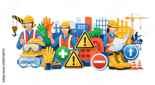 Illustrated poster promoting World Day for Safety and Health at Work, featuring workers in helmets and PPE alongside safety icons, with a vibrant color palette and a composition emphasizing