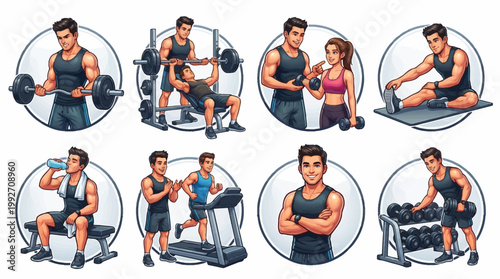 Fitness Gym Workout Character Set with Bodybuilder Athletes Training on Bench Press Treadmill and Lifting Dumbbells for Health and Wellness Exercise Routines