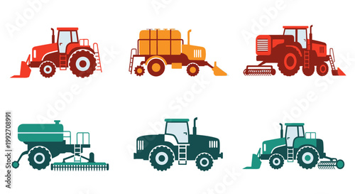Set of Agricultural Tractors and Farm Machinery, Vector Icons