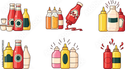 Sauce bottles collection with ketchup, mustard and condiments, fast food ingredients vector illustration set for restaurant menu design