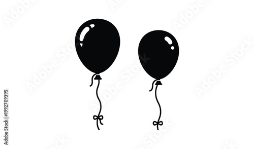 Two black balloons floating in the air, tied with strings, isolated on white background, celebration, party, minimalist design