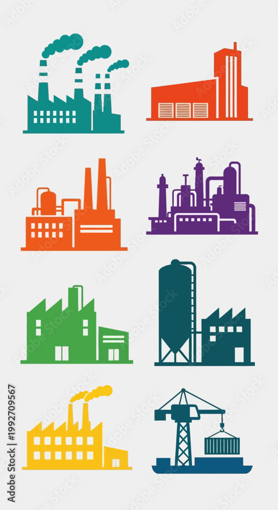 Obraz premium Set of colorful industrial factory icons, representing manufacturing and production.