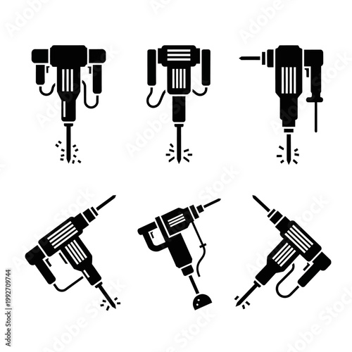 Set of Jackhammers and Rotary Hammers Icons, Construction Tools