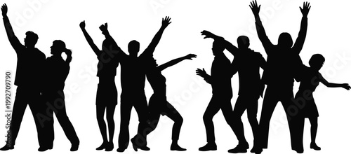 Group of people dancing silhouettes, party celebration crowd vector illustration with energy