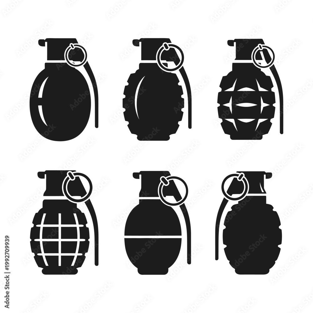 Naklejka premium Set of six black grenade icons, various designs, isolated on white background