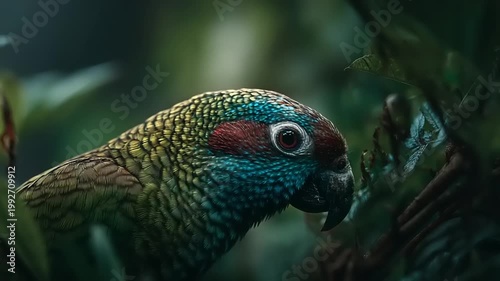 Colorful parrot perched amidst lush green foliage