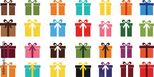 Set of Colorful Gift Boxes with Bows in Various Sizes and Colors for Holiday, Celebration, and Party Illustrations