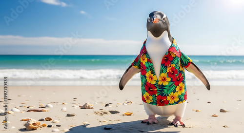 Cartoon penguin in floral shirt walking on tropical beach with ocean waves