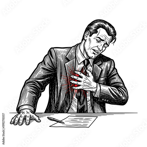 Middle-aged businessman clutching chest in pain during office meeting stress episode