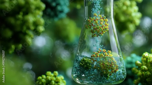 Colorful particles suspended in laboratory flask
