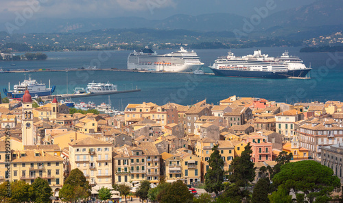 Panoramic view of Corfu Old Town and cruise port, Greece