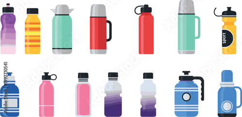 Set of Water Bottles and Thermoses in Different Shapes and Colors for Hydration, Fitness, and Outdoor Activity Illustrations