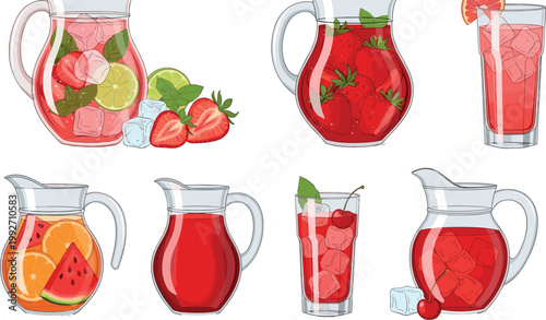 Fresh fruit drinks collection with juice pitchers, cocktails and infused water, refreshing summer beverages vector illustration set